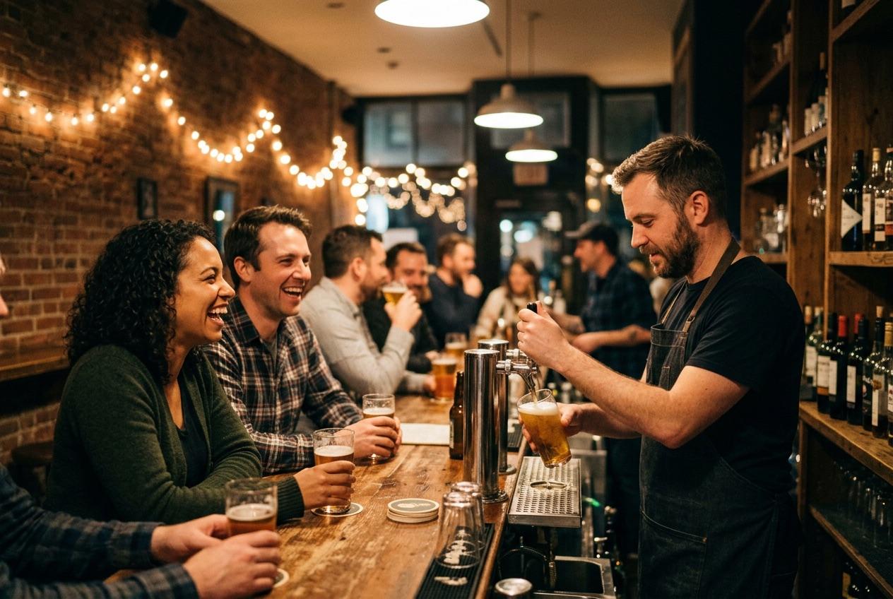 Locals laughing along a busy bar