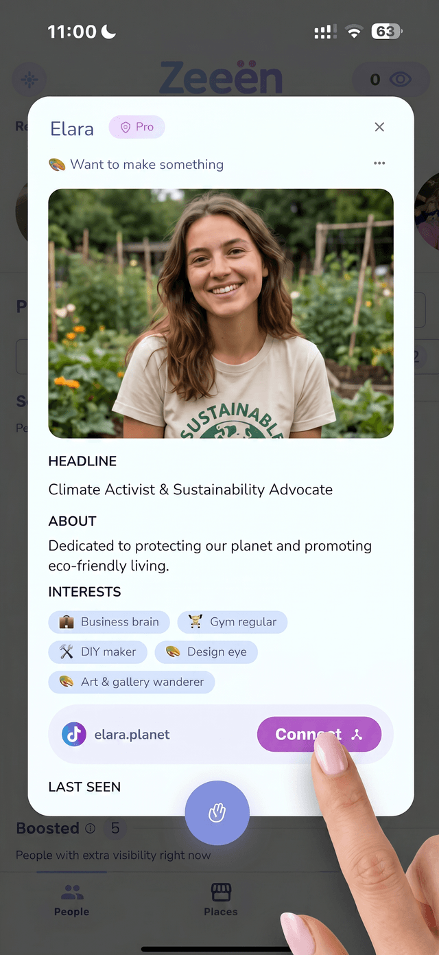 Zeeën profile showing social links and Connect button