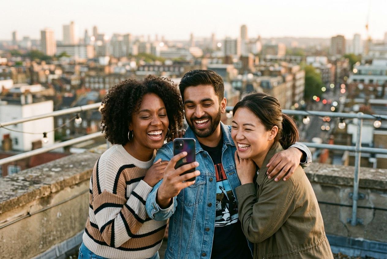 Three friends laughing together on a rooftop